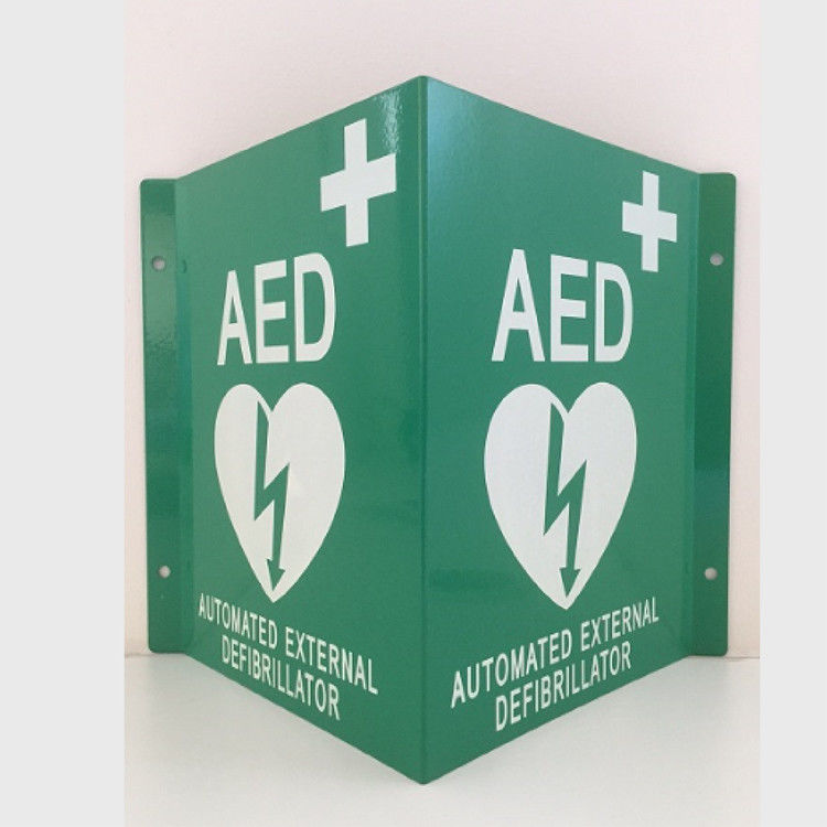 بيضاء على الحائط لافتة درهم إماراتي مزيل رجفان بلاستيكي أخضر لافتة AED V ألومنيوم مخصص